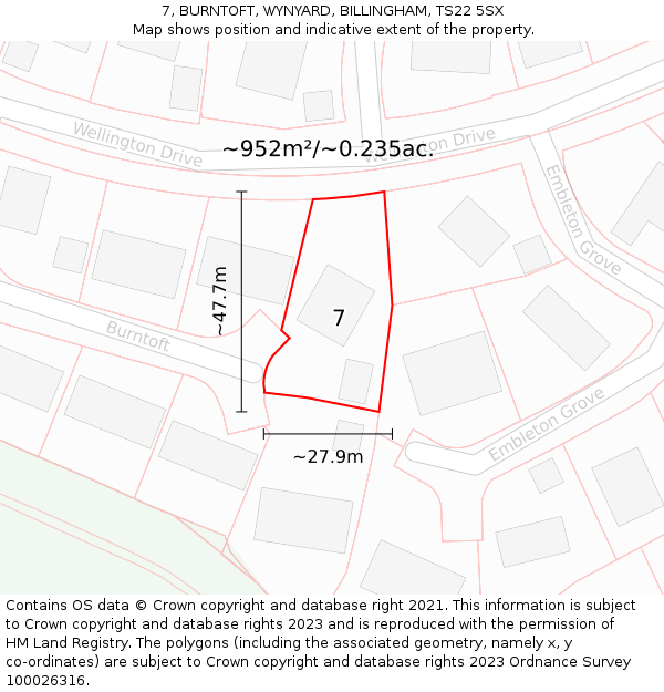 7, BURNTOFT, WYNYARD, BILLINGHAM, TS22 5SX: Plot and title map