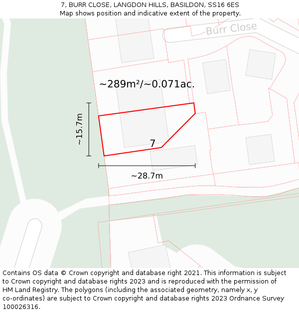 7, BURR CLOSE, LANGDON HILLS, BASILDON, SS16 6ES: Plot and title map