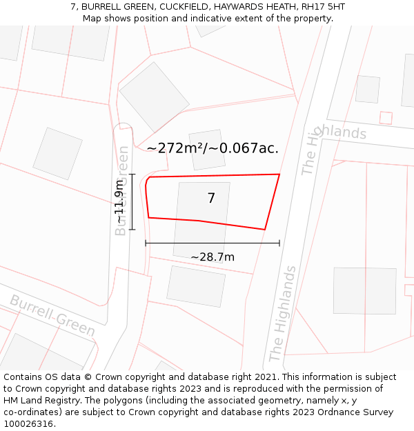 7, BURRELL GREEN, CUCKFIELD, HAYWARDS HEATH, RH17 5HT: Plot and title map