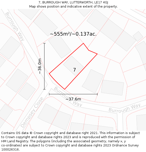7, BURROUGH WAY, LUTTERWORTH, LE17 4GJ: Plot and title map