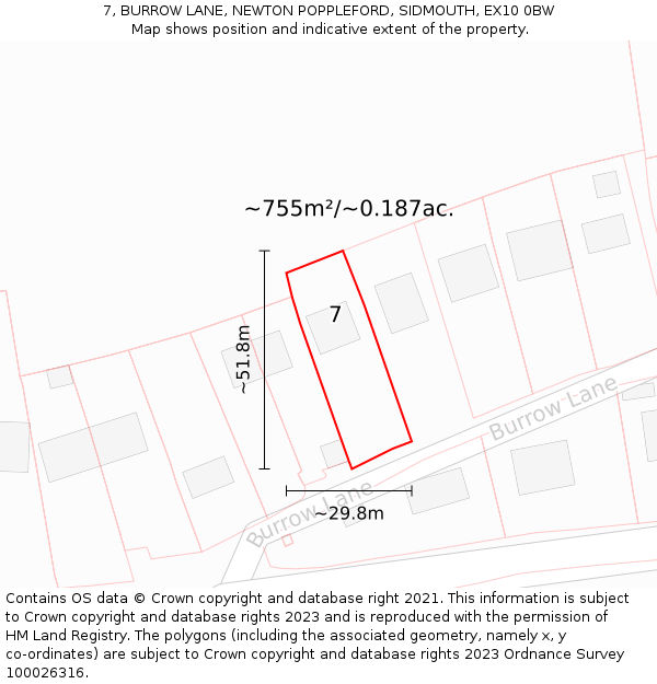 7, BURROW LANE, NEWTON POPPLEFORD, SIDMOUTH, EX10 0BW: Plot and title map