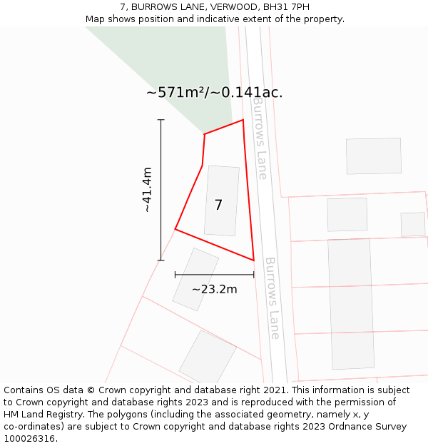 7, BURROWS LANE, VERWOOD, BH31 7PH: Plot and title map