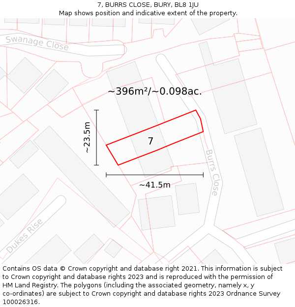7, BURRS CLOSE, BURY, BL8 1JU: Plot and title map