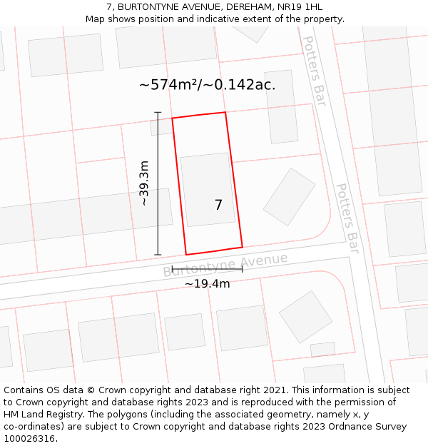7, BURTONTYNE AVENUE, DEREHAM, NR19 1HL: Plot and title map