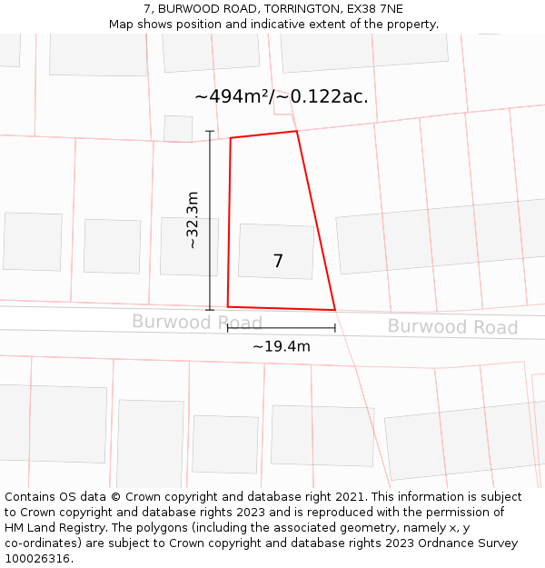 7, BURWOOD ROAD, TORRINGTON, EX38 7NE: Plot and title map