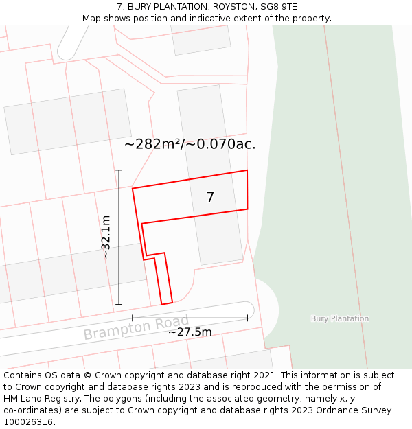 7, BURY PLANTATION, ROYSTON, SG8 9TE: Plot and title map