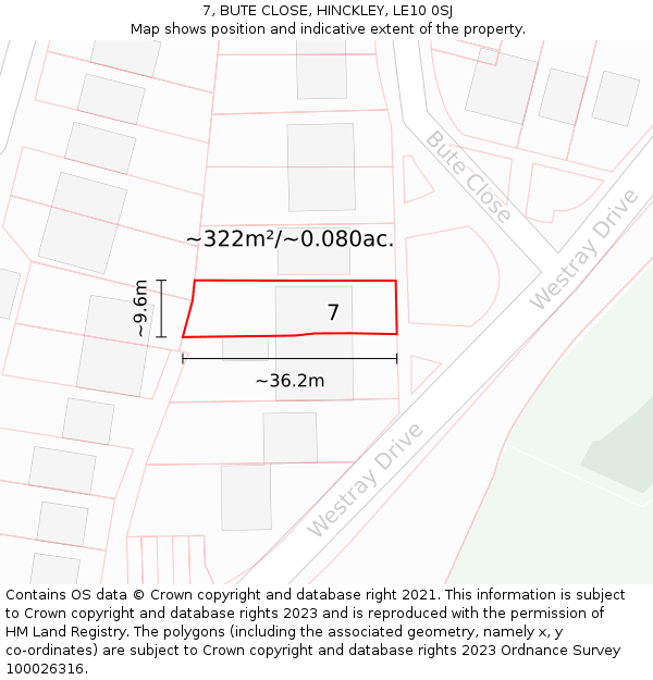 7, BUTE CLOSE, HINCKLEY, LE10 0SJ: Plot and title map