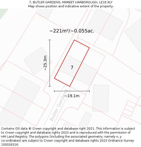 7, BUTLER GARDENS, MARKET HARBOROUGH, LE16 9LY: Plot and title map