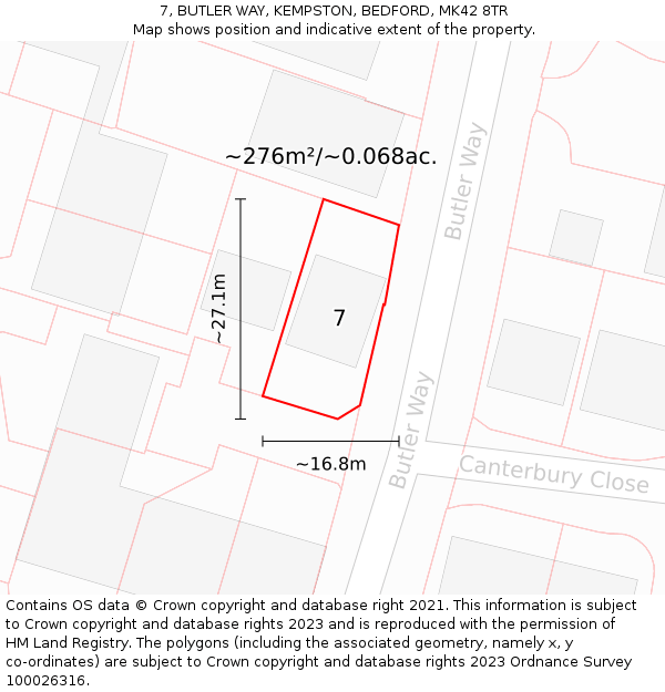 7, BUTLER WAY, KEMPSTON, BEDFORD, MK42 8TR: Plot and title map