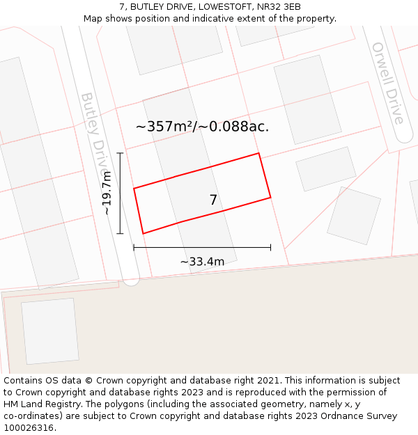 7, BUTLEY DRIVE, LOWESTOFT, NR32 3EB: Plot and title map