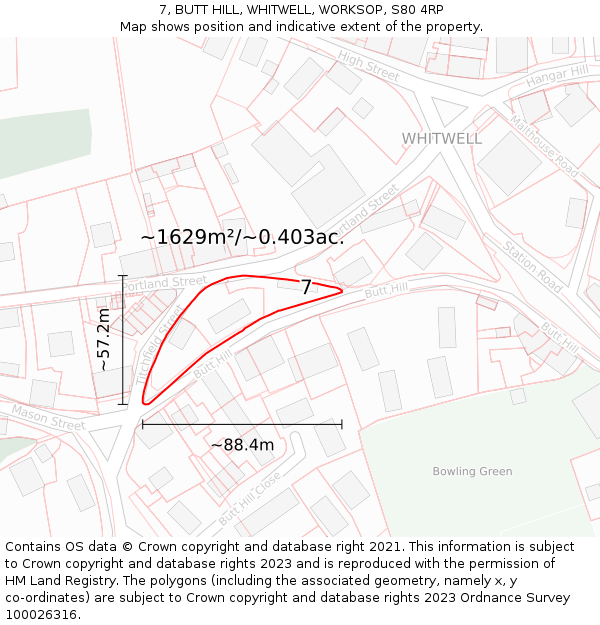 7, BUTT HILL, WHITWELL, WORKSOP, S80 4RP: Plot and title map