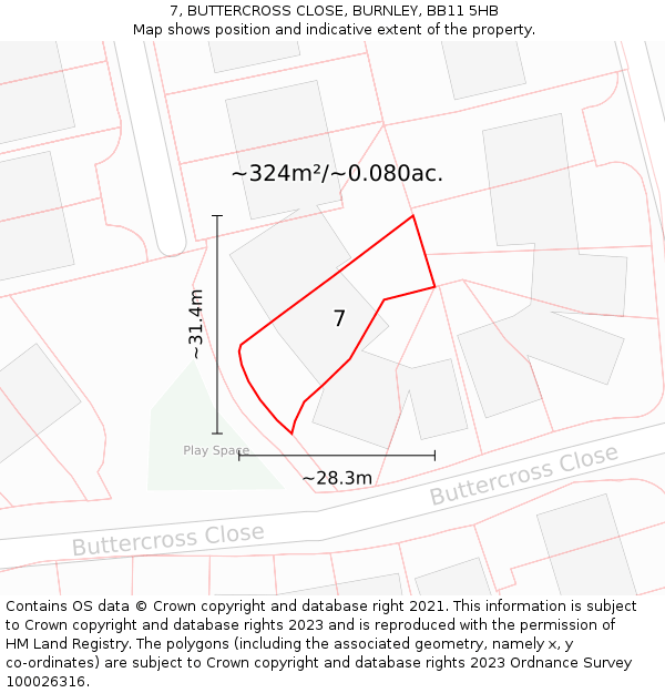 7, BUTTERCROSS CLOSE, BURNLEY, BB11 5HB: Plot and title map