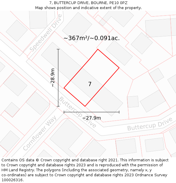 7, BUTTERCUP DRIVE, BOURNE, PE10 0PZ: Plot and title map