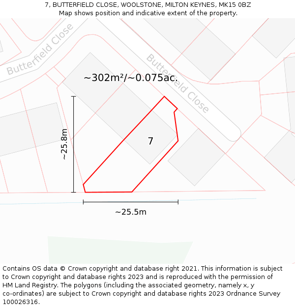 7, BUTTERFIELD CLOSE, WOOLSTONE, MILTON KEYNES, MK15 0BZ: Plot and title map