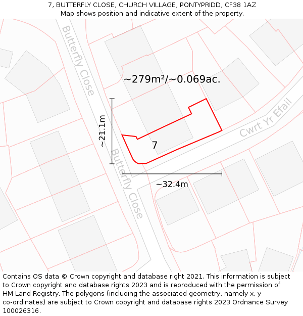 7, BUTTERFLY CLOSE, CHURCH VILLAGE, PONTYPRIDD, CF38 1AZ: Plot and title map