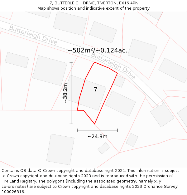 7, BUTTERLEIGH DRIVE, TIVERTON, EX16 4PN: Plot and title map