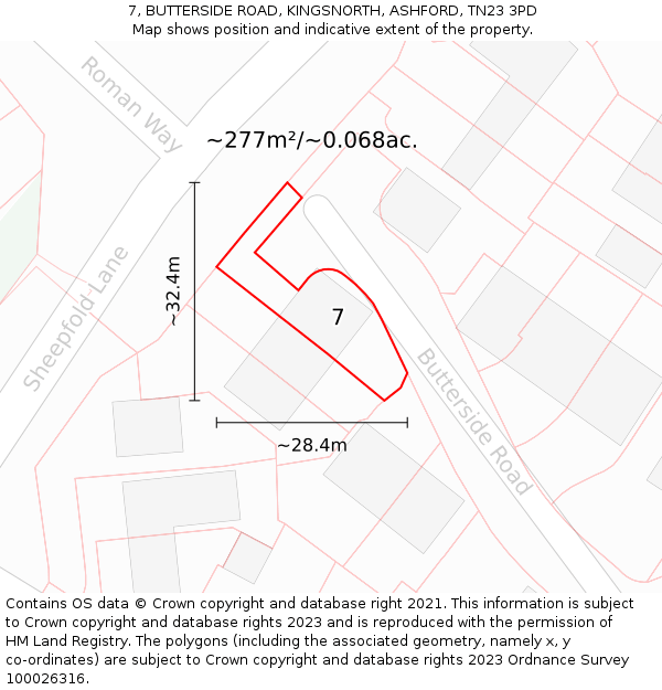 7, BUTTERSIDE ROAD, KINGSNORTH, ASHFORD, TN23 3PD: Plot and title map