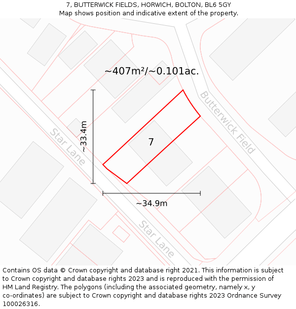 7, BUTTERWICK FIELDS, HORWICH, BOLTON, BL6 5GY: Plot and title map