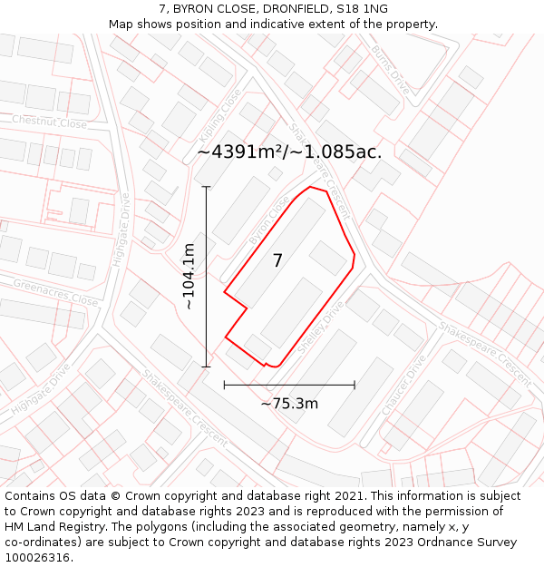 7, BYRON CLOSE, DRONFIELD, S18 1NG: Plot and title map