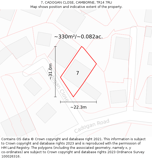 7, CADOGAN CLOSE, CAMBORNE, TR14 7RU: Plot and title map