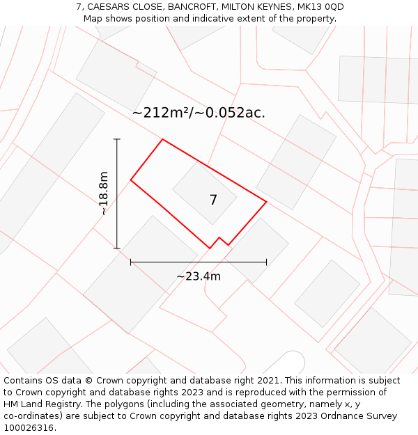 7, CAESARS CLOSE, BANCROFT, MILTON KEYNES, MK13 0QD: Plot and title map
