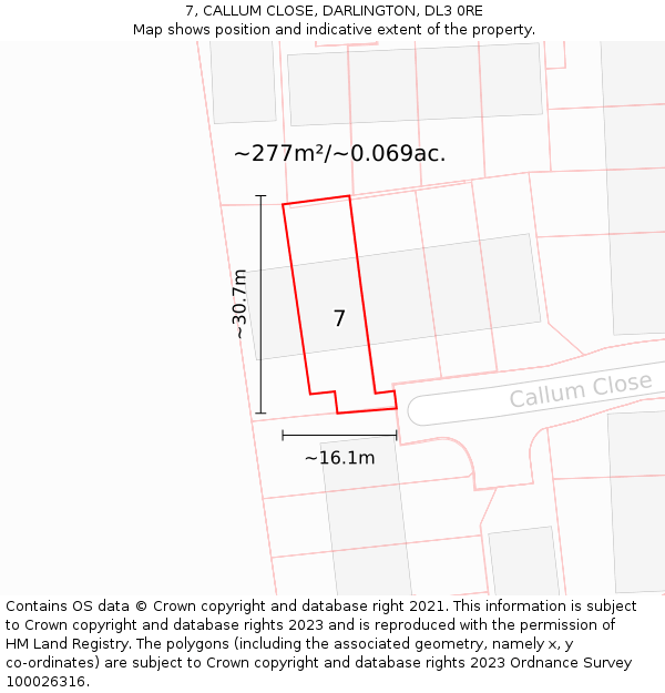 7, CALLUM CLOSE, DARLINGTON, DL3 0RE: Plot and title map