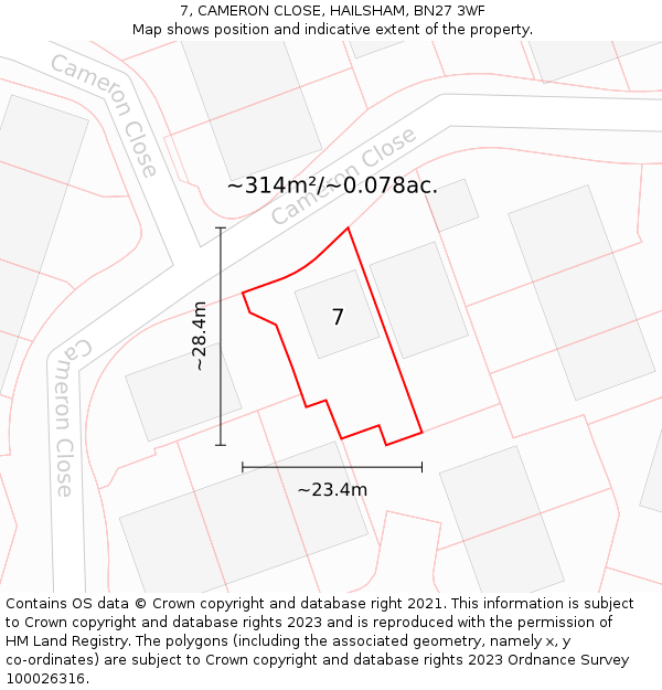 7, CAMERON CLOSE, HAILSHAM, BN27 3WF: Plot and title map