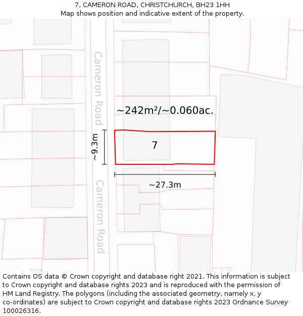7, CAMERON ROAD, CHRISTCHURCH, BH23 1HH: Plot and title map