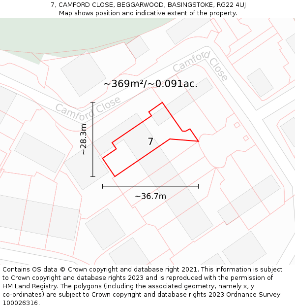 7, CAMFORD CLOSE, BEGGARWOOD, BASINGSTOKE, RG22 4UJ: Plot and title map