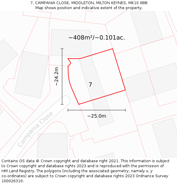 7, CAMPANIA CLOSE, MIDDLETON, MILTON KEYNES, MK10 9BB: Plot and title map