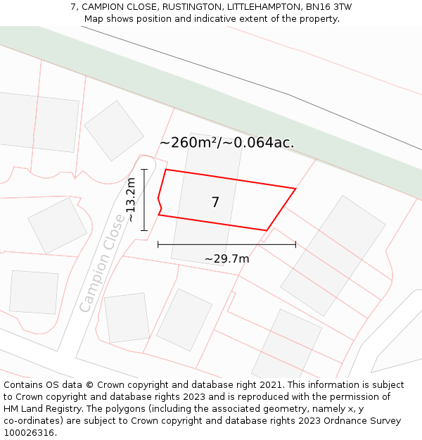 7, CAMPION CLOSE, RUSTINGTON, LITTLEHAMPTON, BN16 3TW: Plot and title map