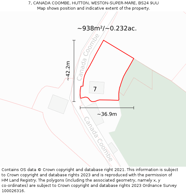 7, CANADA COOMBE, HUTTON, WESTON-SUPER-MARE, BS24 9UU: Plot and title map