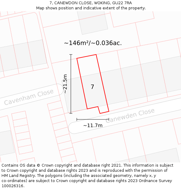 7, CANEWDON CLOSE, WOKING, GU22 7RA: Plot and title map