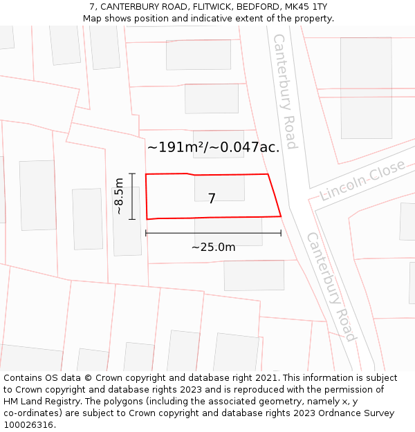 7, CANTERBURY ROAD, FLITWICK, BEDFORD, MK45 1TY: Plot and title map