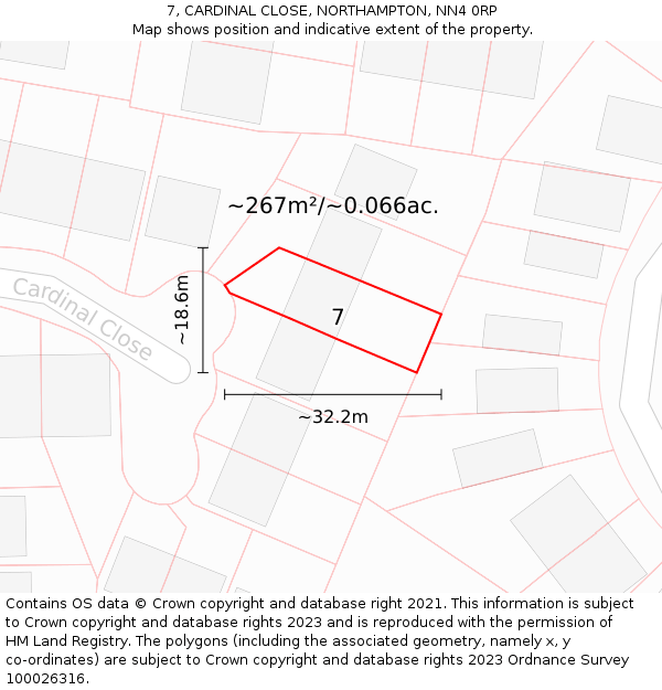 7, CARDINAL CLOSE, NORTHAMPTON, NN4 0RP: Plot and title map