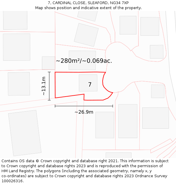 7, CARDINAL CLOSE, SLEAFORD, NG34 7XP: Plot and title map
