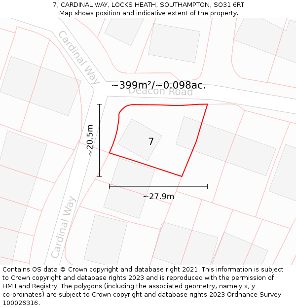 7, CARDINAL WAY, LOCKS HEATH, SOUTHAMPTON, SO31 6RT: Plot and title map
