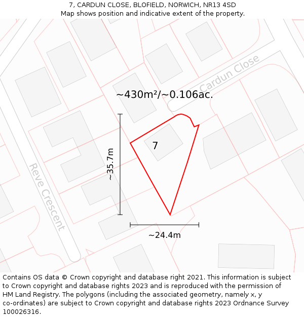7, CARDUN CLOSE, BLOFIELD, NORWICH, NR13 4SD: Plot and title map