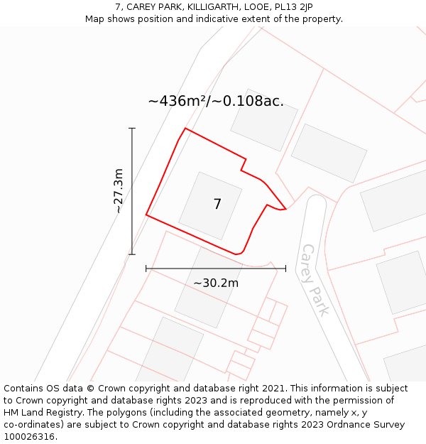 7, CAREY PARK, KILLIGARTH, LOOE, PL13 2JP: Plot and title map