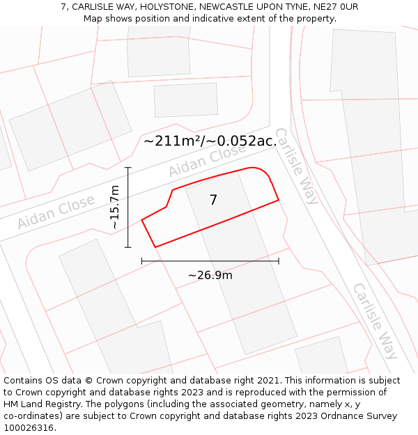 7, CARLISLE WAY, HOLYSTONE, NEWCASTLE UPON TYNE, NE27 0UR: Plot and title map