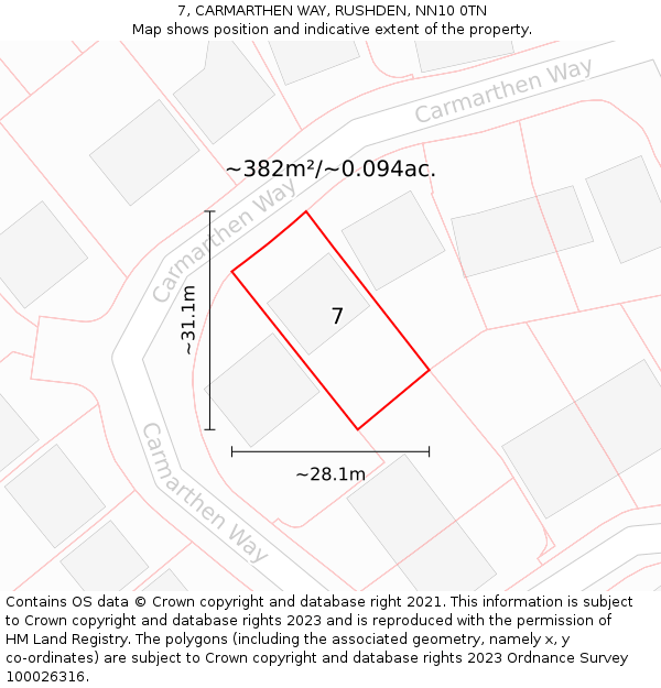 7, CARMARTHEN WAY, RUSHDEN, NN10 0TN: Plot and title map