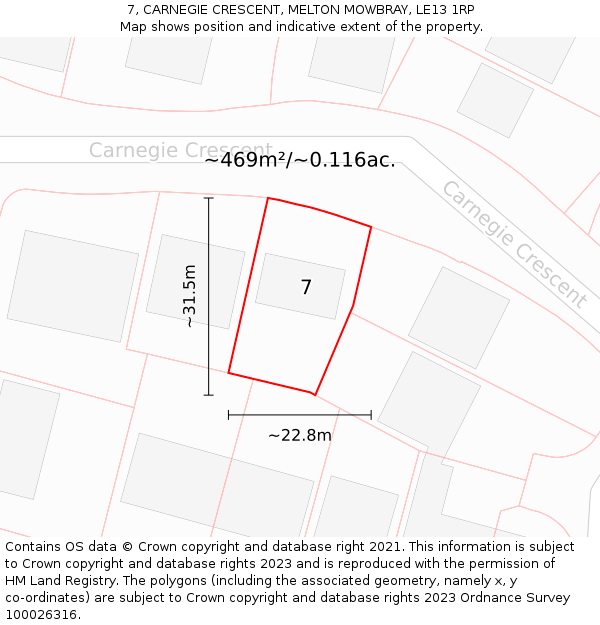 7, CARNEGIE CRESCENT, MELTON MOWBRAY, LE13 1RP: Plot and title map