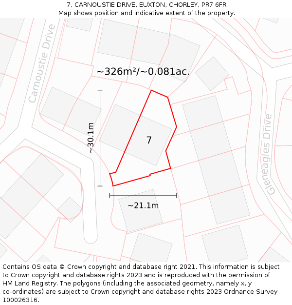 7, CARNOUSTIE DRIVE, EUXTON, CHORLEY, PR7 6FR: Plot and title map