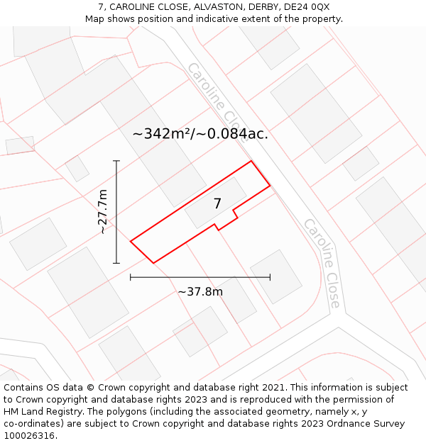 7, CAROLINE CLOSE, ALVASTON, DERBY, DE24 0QX: Plot and title map