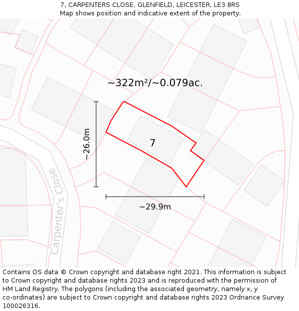 7, CARPENTERS CLOSE, GLENFIELD, LEICESTER, LE3 8RS: Plot and title map