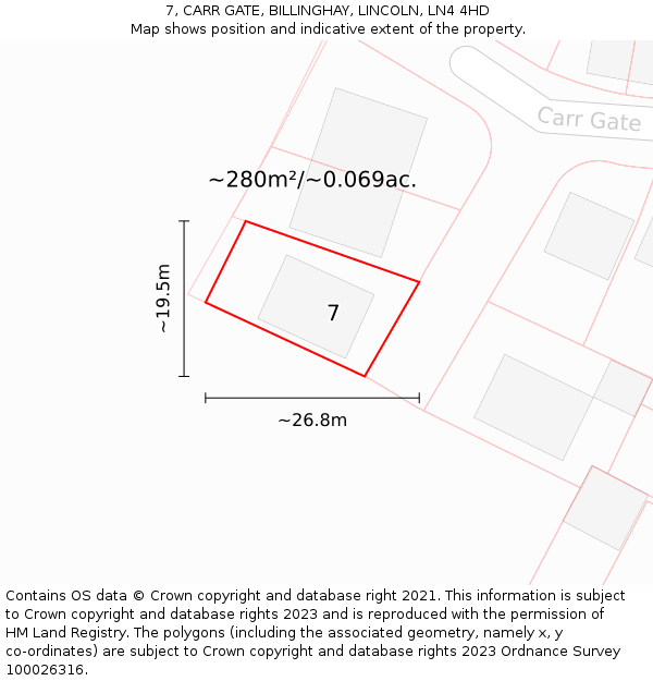 7, CARR GATE, BILLINGHAY, LINCOLN, LN4 4HD: Plot and title map