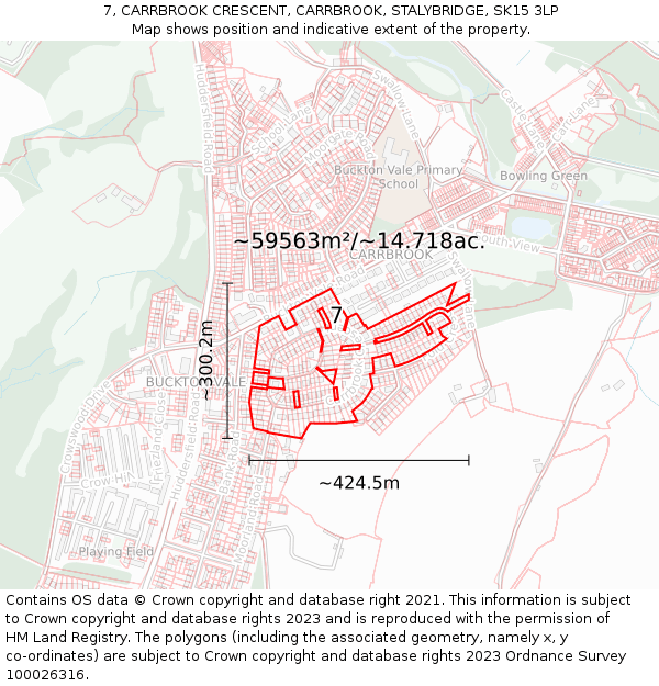 7, CARRBROOK CRESCENT, CARRBROOK, STALYBRIDGE, SK15 3LP: Plot and title map