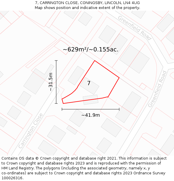 7, CARRINGTON CLOSE, CONINGSBY, LINCOLN, LN4 4UG: Plot and title map