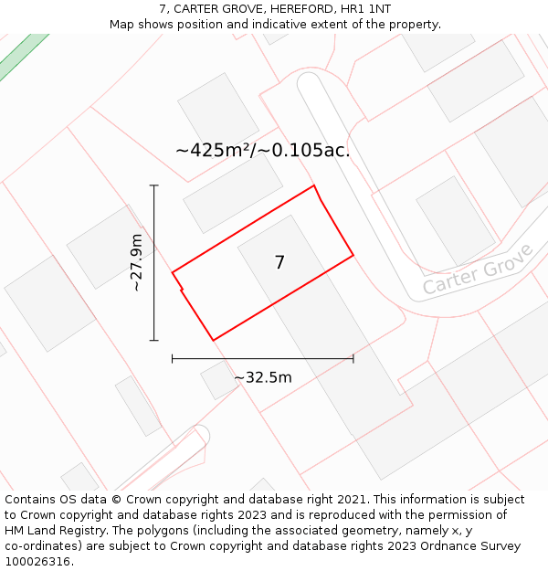 7, CARTER GROVE, HEREFORD, HR1 1NT: Plot and title map