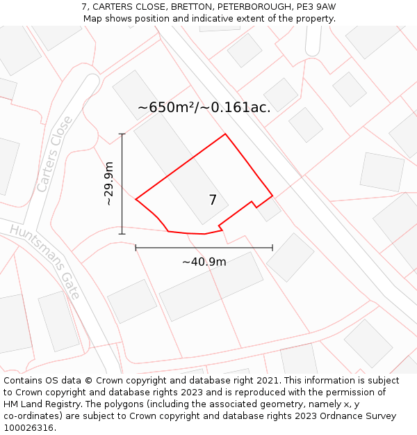7, CARTERS CLOSE, BRETTON, PETERBOROUGH, PE3 9AW: Plot and title map
